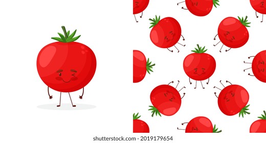 Seamless pattern with a red smiling tomato on background. Funny vegetable in cartoon style. Big eyes. The emotion on the face is happiness. Isolated vector. For packaging and web design. 