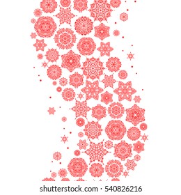 Seamless pattern of red snowflakes and dots on white background. Vector abstract design in red colors.