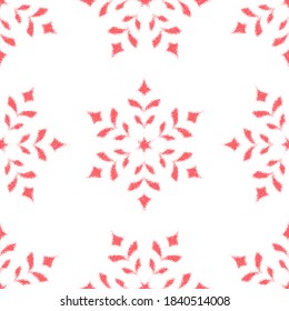 A seamless pattern with red snowflakes on a white background. Geometric texture from points, soft outlines of shapes. Stock vector illustration.