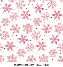 Seamless pattern with red snowflakes on white background. Christmas design.