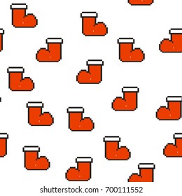 Seamless pattern with red socks for gifts. Christmas, new year background, Vector illustration Pixel art