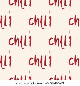 Seamless pattern with red spicy chili pepper. Hot mexican vegetable drawing. Creative vector print. Background for kitchen, cafe menu, clothes, fabric, textile.
