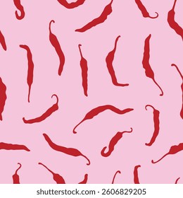 Seamless pattern with red spicy chili pepper. Hot mexican vegetable drawing. Creative vector print on pink background for kitchen, cafe menu, clothes, fabric, textile.