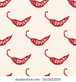Seamless pattern with red spicy chili pepper. Hot mexican vegetable drawing. Creative vector print. Background for kitchen, cafe menu, fabric, textile.