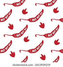 Seamless pattern with red spicy chili pepper. Hot mexican vegetable drawing. Creative vector print. Background for kitchen, cafe menu, clothes, fabric, textile.