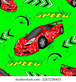 Seamless pattern with red sports car, arrows, text and geometric elements. Bright print for guys.