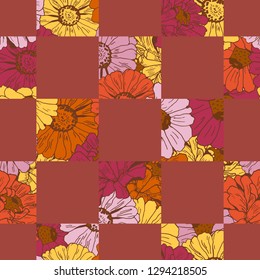 Seamless pattern with red squares and colorful flowers zinnia, camomile, daisy for textile, bedlinen, pillow, undergarment, tablecloth, background. Chessboard, patchwork design. Vector illustration.