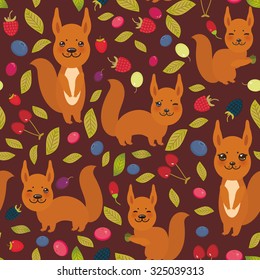 seamless pattern with red squirrel, Cherry Strawberry Raspberry Blackberry Blueberry Cranberry Cowberry Goji Grape  on dark vinous background. Vector