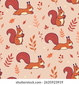 Seamless pattern with red squirrels and autumn flora. Vector graphics.