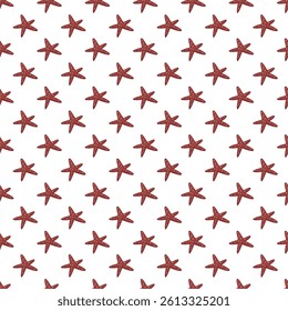 Seamless pattern with red starfish in flat cartoon style, isolated on white background. Great for beach-themed designs, childrens products and textiles.