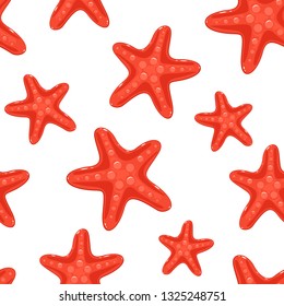 Seamless pattern with red starfish isolated on white background, illustration.
