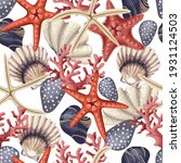 Seamless pattern with red starfishes, shells and coral. Vector trendy print