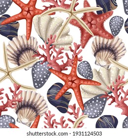 Seamless pattern with red starfishes, shells and coral. Vector trendy print