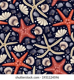 Seamless pattern with red starfishes, shells and coral. Vector trendy print