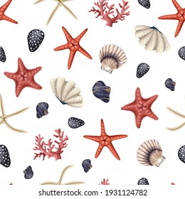 Seamless pattern with red starfishes, shells and coral. Vector trendy print