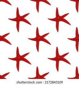 Seamless pattern with red starfishes. Vector trendy print
