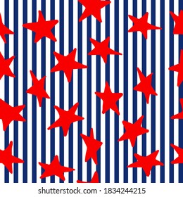 Patrón sin brillo con estrellas rojas sobre fondo rayado. Diseño de vectores para textiles, fondos, ropa, papel de embalaje, sitios web y papel tapiz. Ilustración de moda dibujada a mano patrón sin fisuras.
