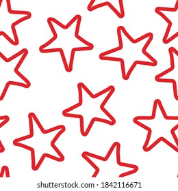 Nahtloses Muster mit roten Sternen auf weißem Hintergrund. Vektordesign für Textilien, Hintergründe, Kleidung, Verpackungspapier, Webseiten und Tapeten. Fashion Illustration handgezeichnet nahtloses Muster.