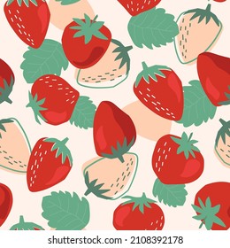 Seamless pattern with red strawberries. Abstract fruits in contemporary style. Berry natural vegan print. Vector graphics.