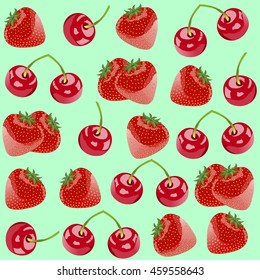 Seamless pattern red strawberries and cherries on a green background. Hand drawing. Vector illustration.