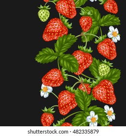 Seamless pattern with red strawberries. Decorative berries and leaves.
