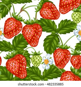 Seamless pattern with red strawberries. Decorative berries and leaves.