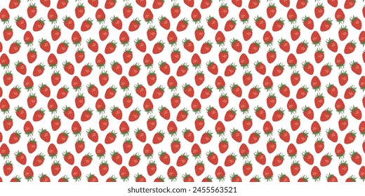 Seamless pattern with red strawberries, with each strawberry detailed in vibrant shades of red and green on an isolated white background. It is hand-drawn illustrations.

