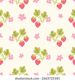 Patrón sin fisuras con fresas rojas y flores. Textura para impresión, textil, tela, embalaje. Fondo de verano en Vector.