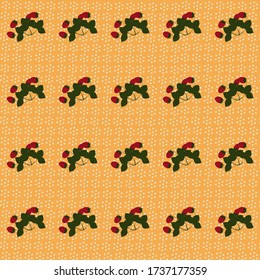 Seamless pattern with red strawberries, green leaves on a yellow background with white small circles.