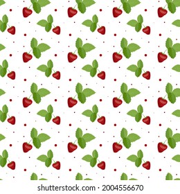 Seamless pattern with red strawberries and green leaves on a white background. Vector illustration for decorating walls, decorating the covers of postcards or brochures in a cartoon style
