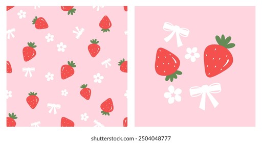 Seamless pattern of red strawberries with green leaves, cute flower and ribbon bows on pink background. Cute strawberry and ribbon bow icon sign vector.