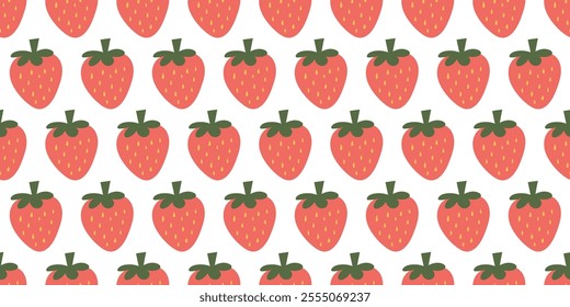 Seamless Pattern of Red Strawberries with Green Leaves on White Background for Textile, Wallpaper, and Decorative Designs