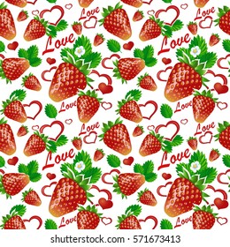 Seamless pattern with red strawberries and green leaves on a white background with red hearts. Vector illustration.