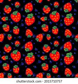 Seamless pattern with red strawberries and ladybirds on a dark background. Can be used as a sample for fabric, wallpaper, packaging.