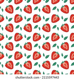 Seamless pattern with red strawberries and leaves. Cute summer or spring print. Festive decoration for textiles, wrapping paper and design. Vector flat illustration