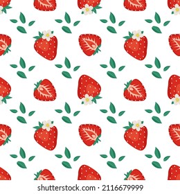 Seamless pattern with red strawberries, leaves and flowers. Cute summer or spring print. with berries Festive decoration for textiles, wrapping paper and design. Vector flat illustration