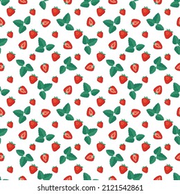 Seamless pattern with red strawberries and leaves. Cute summer or spring print. Festive decoration for textiles, wrapping paper and design. Vector flat illustration