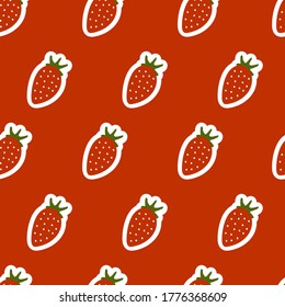 Patrón sin foco con fresas rojas sobre pegatinas. Repetiendo interminables elementos. Frutas jugosas y sabrosas para una impresión de verano. Antecedentes para textiles, embalajes, postales, etc.