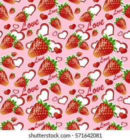 Seamless pattern with red strawberries on a pink background with red hearts. Vector illustration.