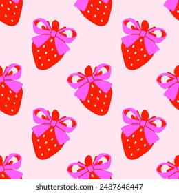 Seamless pattern with red strawberries and pink bows on a beige background. Girly background. Repeating print for fabric, wrapping paper, textile