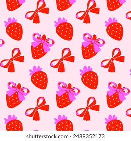 Seamless pattern with red strawberries and pink bows on a beige background. Girly background. Repeating print for fabric, wrapping paper, textile