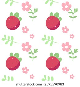 Seamless pattern of red strawberries with pink flowers and green leaves for wallpaper, fabric, or decoration