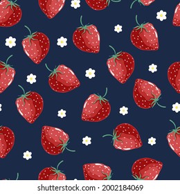 Seamless pattern with red strawberries. Ripe strawberries and white flowers on a dark background. Print for packaging, fabrics, wallpapers, textiles. Vector illustration.