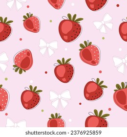 seamless pattern of red strawberries and striped pink  white bows and polka dots on pastel pink background , vector , illustration