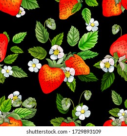 Seamless pattern with red strawberries, white flowers and green leaves on a black background. Vector stock illustration.