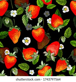 Patrón sin foco con fresas rojas, flores blancas y hojas verdes sobre un fondo negro. Ilustración de material vectorial.