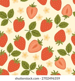 Patrón sin fisuras de fresas rojas y flores blancas para el diseño de moda, tela, Fondo de pantalla y estampados decorativos sobre fondo beige.