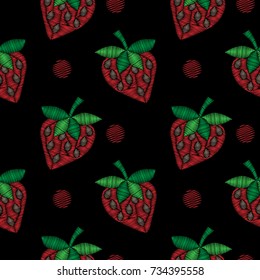 Seamless pattern with red strawberry embroidery stitches imitation. Strawberry embroidery on black background.