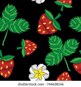 Seamless pattern with red strawberry embroidery stitches imitation. Strawberry with leaf embroidery on black background. Fashion embroidery print.