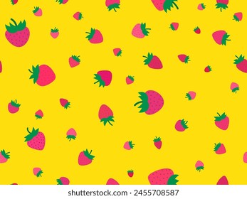 Seamless pattern with red strawberry on yellow background. Drawing of strawberries in a minimalist style. Strawberry design for wallpaper, wrapping paper and promotional items. Vector illustration